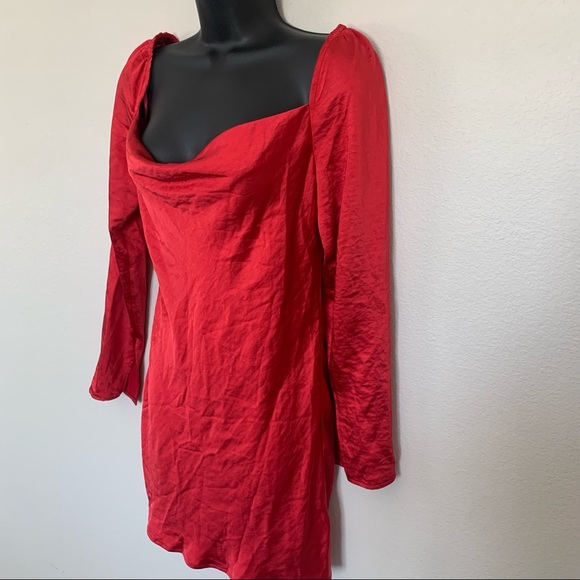 Princess Polly Star Power Red Satin Long Sleeve Cowl Neck Mini Dress - Picture 4 of 11